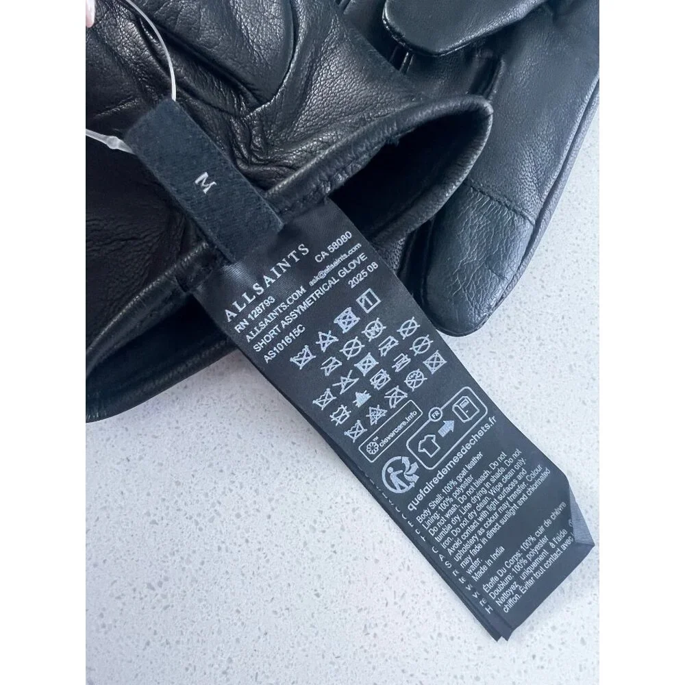 All Saints Asymmetrical Zip black Leather Gloves women size M
